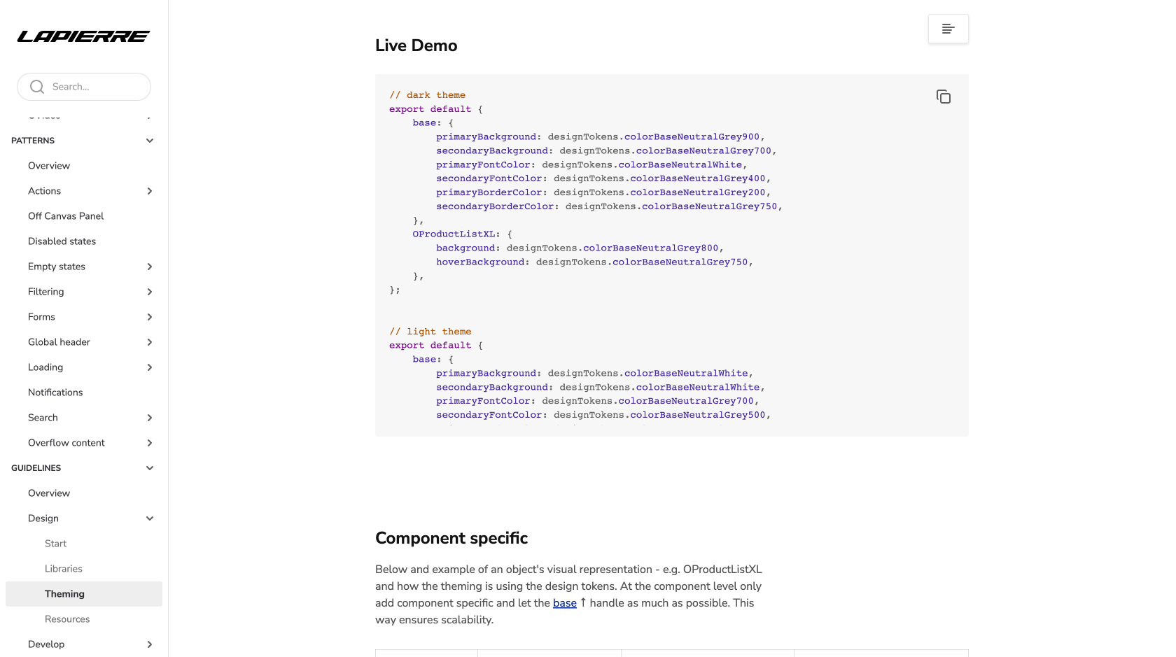 Design-token structure connecting semantic names to theme values.