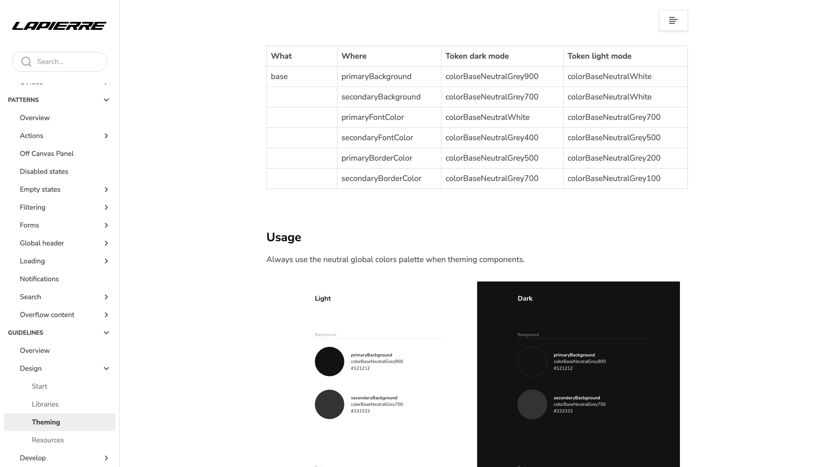 Theme value table documenting configurable design tokens.