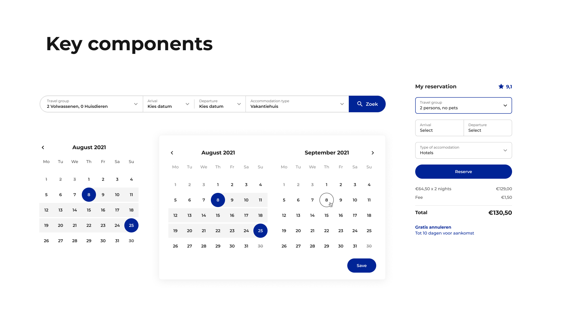 Reservation search, calendar and booking-summary components.