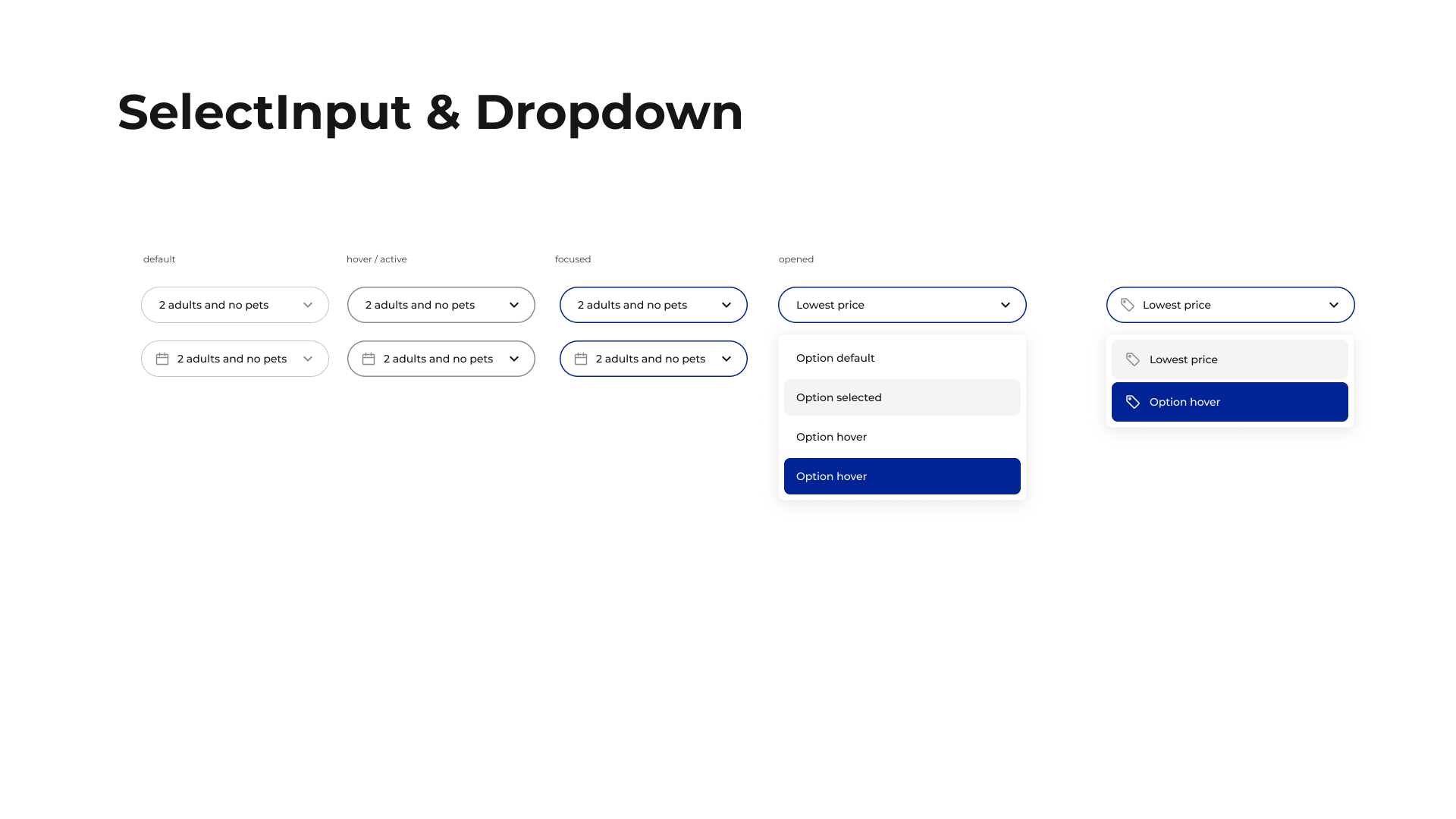 Select inputs and dropdown menus shown in default, active, focused and open states.
